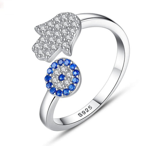 Blue Eye Hamsa and Hand Fatima Ring